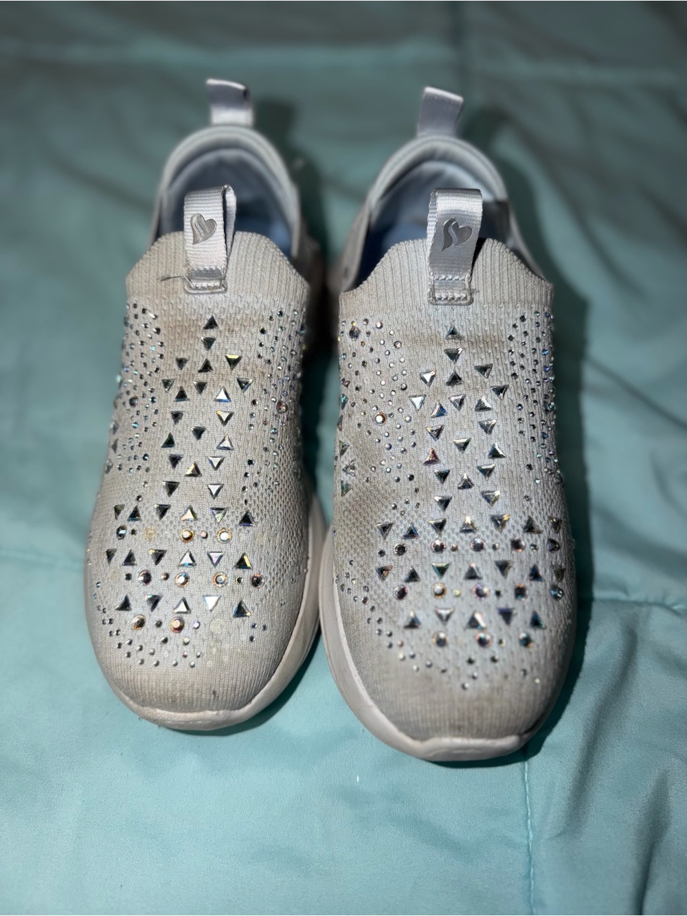 Skechers White Slip-On Knit Sneakers with Crystal Studs